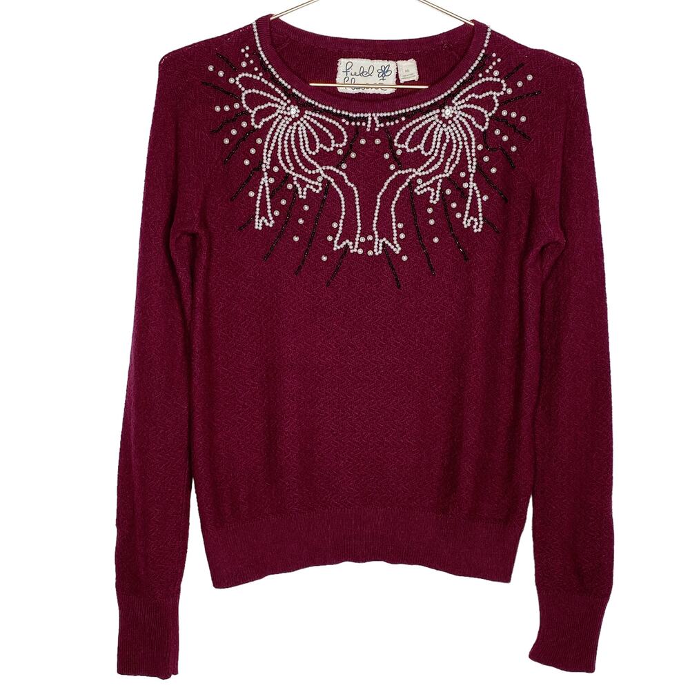 Anthropologie Field Flower Size XS Pearled Bow Beaded Sweater Maroon Wool‎ Blend